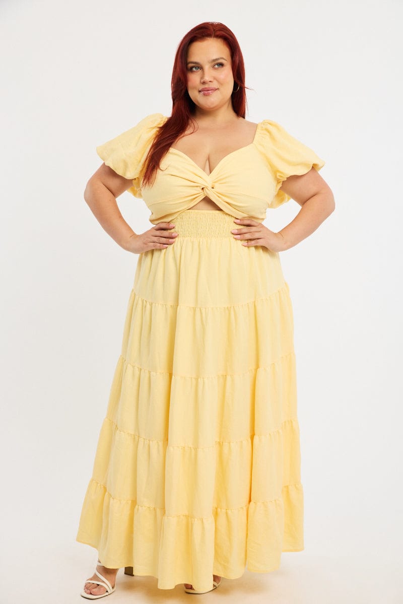 Yellow Maxi Dress Short Sleeve Cut Out for YouandAll Fashion