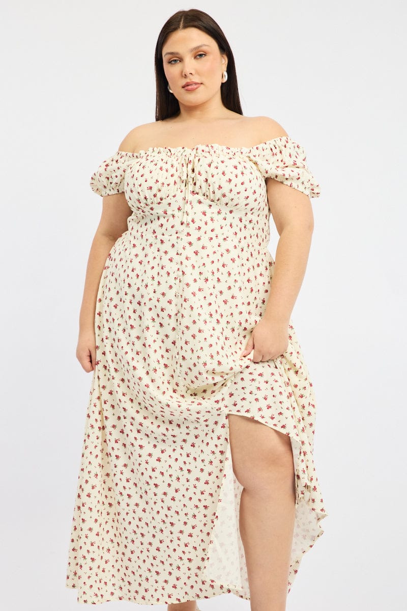 Red Ditsy Midi Dress Short Sleeve Ruched Bust for YouandAll Fashion