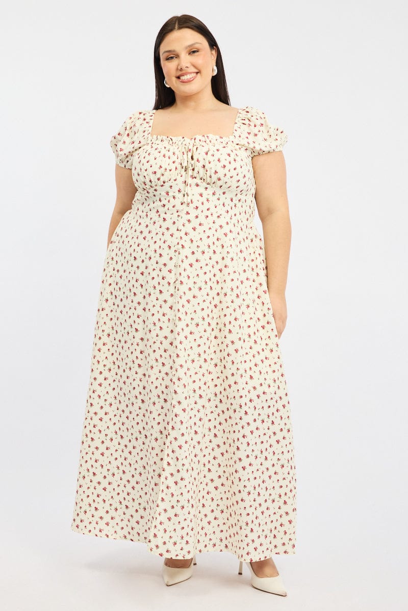 Red Ditsy Midi Dress Short Sleeve Ruched Bust for YouandAll Fashion
