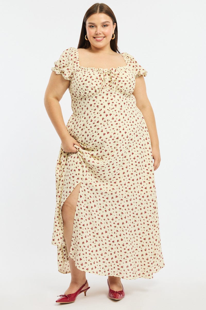 Red Ditsy Midi Dress Short Sleeve Ruched Bust for YouandAll Fashion