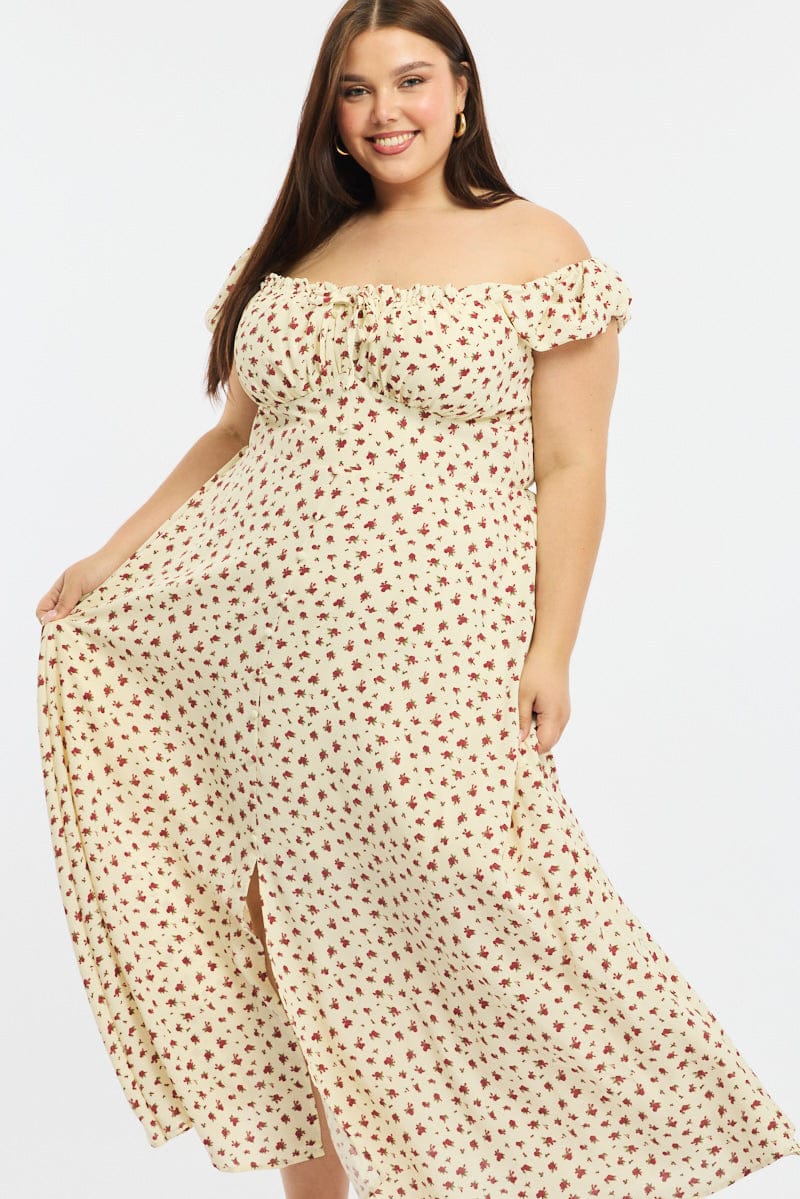 Red Ditsy Midi Dress Short Sleeve Ruched Bust for YouandAll Fashion