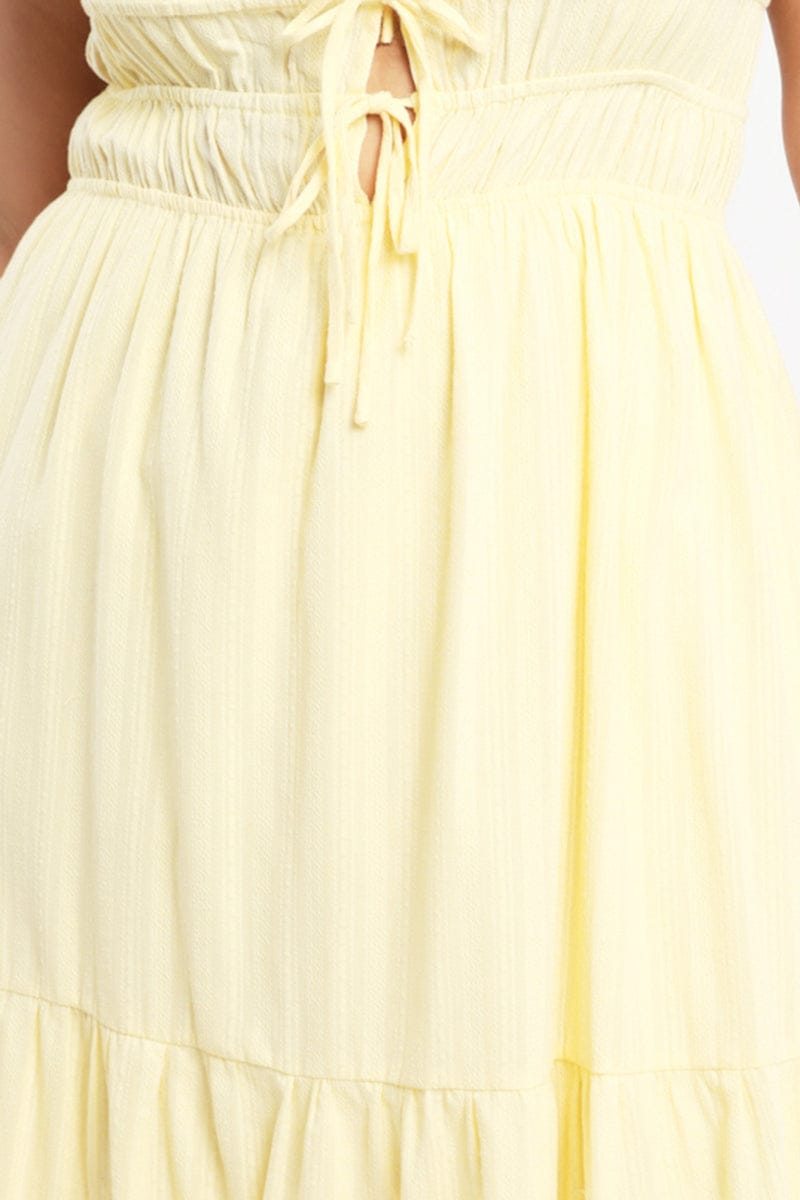 Yellow Midi Dress Sleeveless Tie Front Tiered Textured for YouandAll Fashion