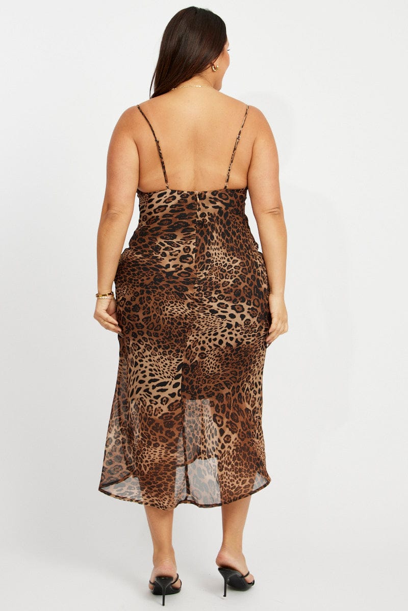 Brown Animal Print Cowl Neck Bias Chiffon Dress for YouandAll Fashion