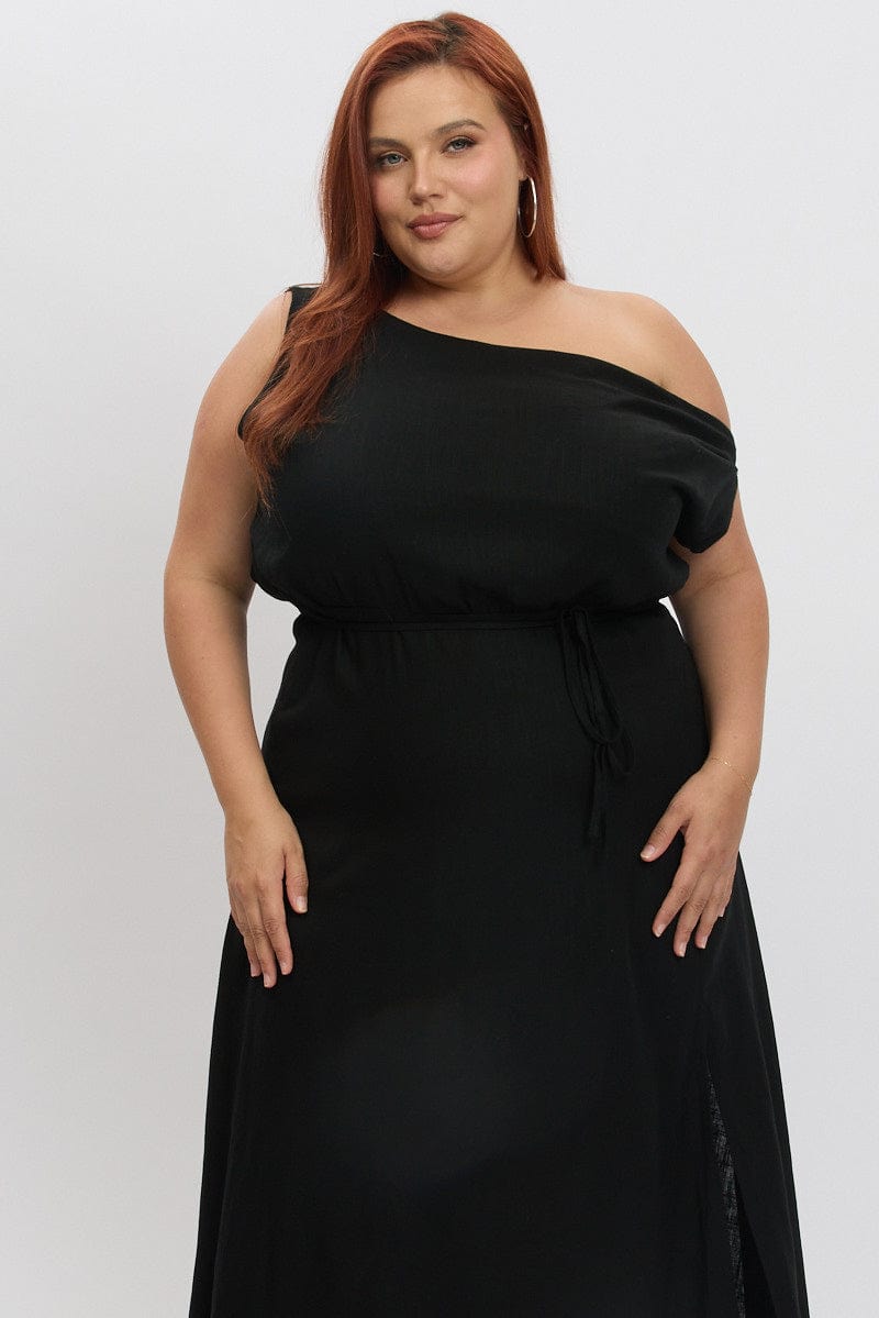 Black Midi Dress Sleeveless Asymmetrical Linen Blend | You & All Black Midi Dress Sleeveless Asymmetrical Linen Blend | You & All