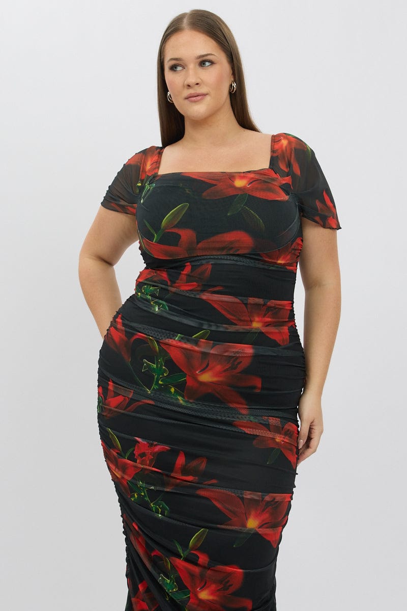 Red Floral Midi Dress Off Shoulder Ruched Mesh
