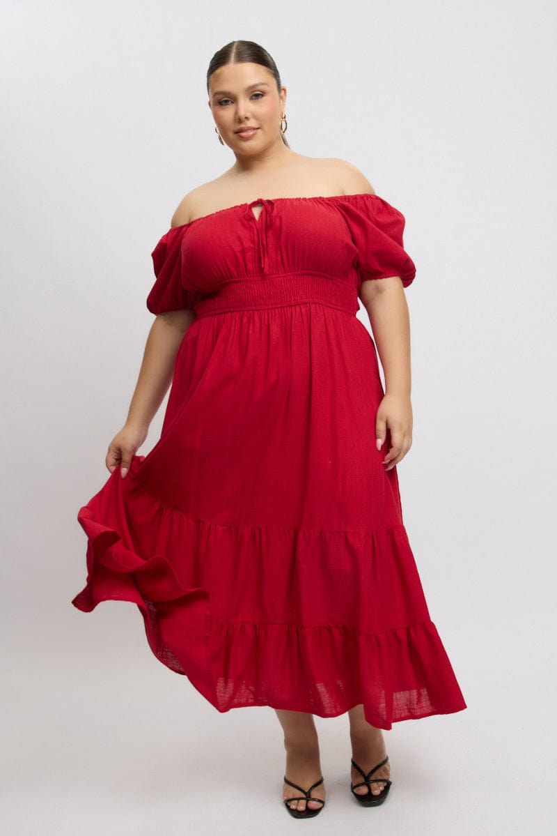 Red Tiered Midi Dress Short Sleeve Ruched Bust | You & All Red Tiered Midi Dress Short Sleeve Ruched Bust | You & All