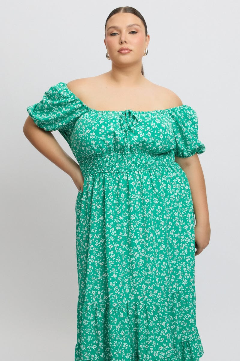 Green Ditsy Midi Dress Short Sleeve Ruched Bust for YouandAll Fashion