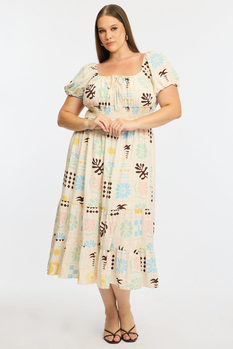 Multi Abstract Midi Dress Short Sleeve Linen Blend for YouandAll Fashion