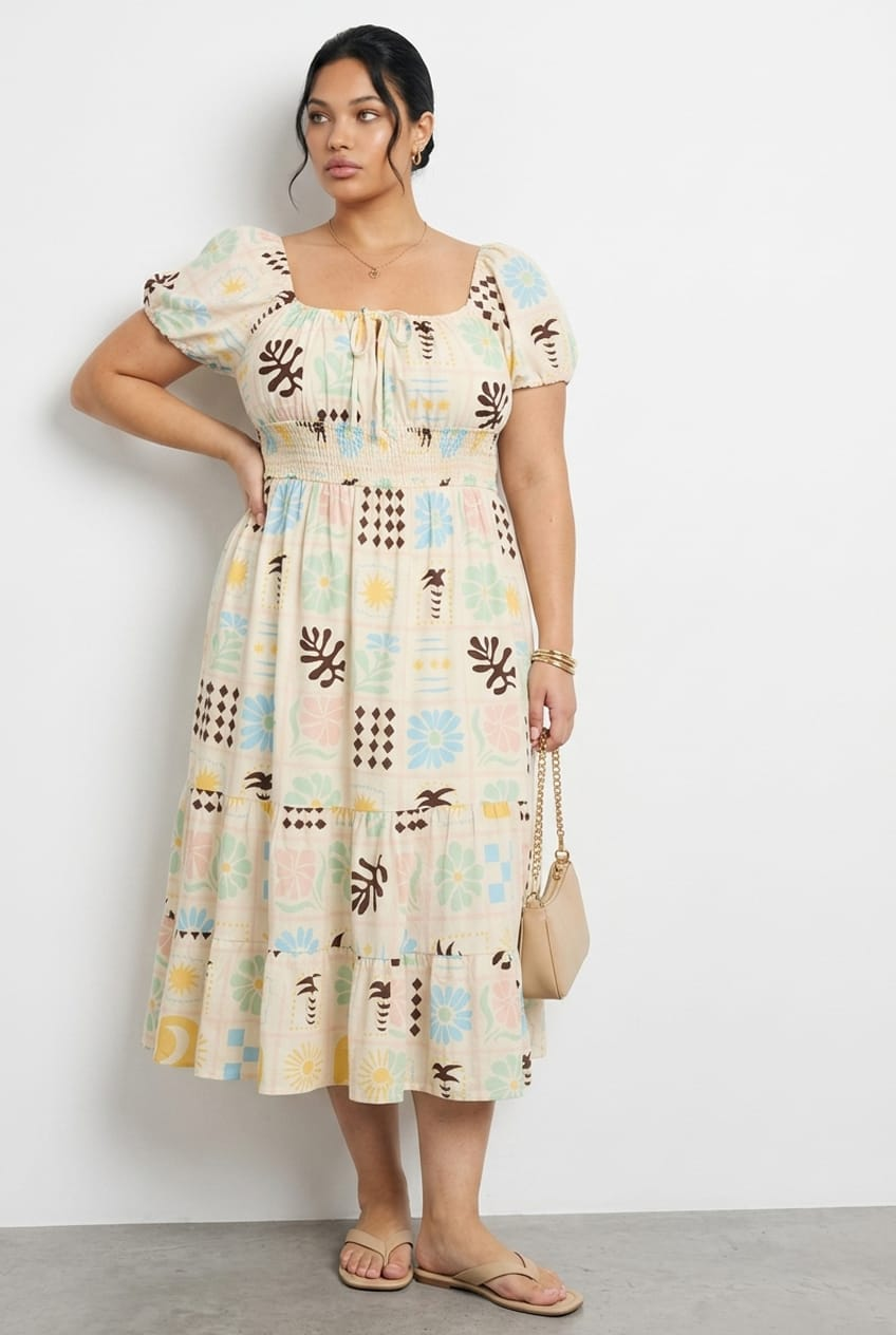 Multi Abstract Midi Dress Short Sleeve Linen Blend for YouandAll Fashion