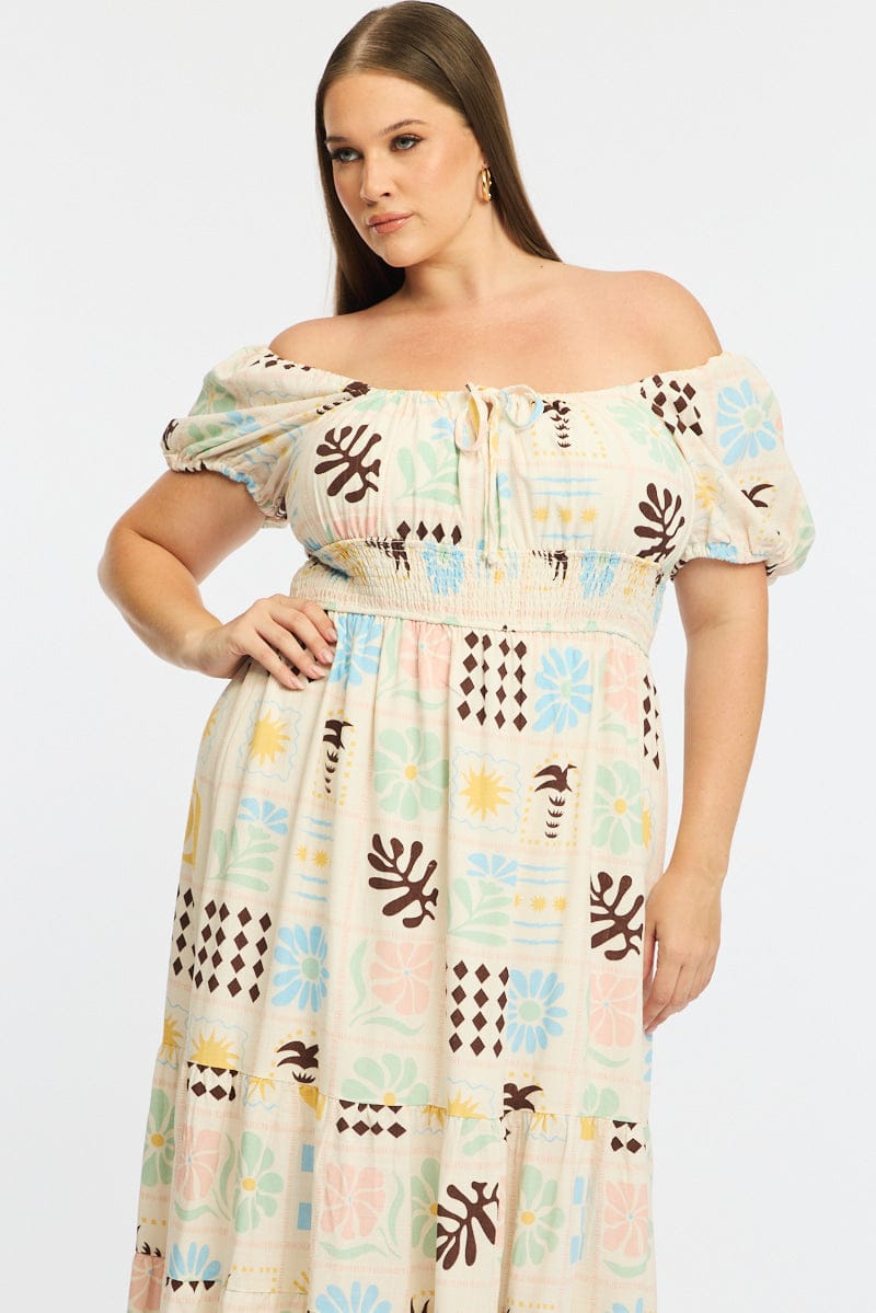 Multi Abstract Midi Dress Short Sleeve Linen Blend for YouandAll Fashion