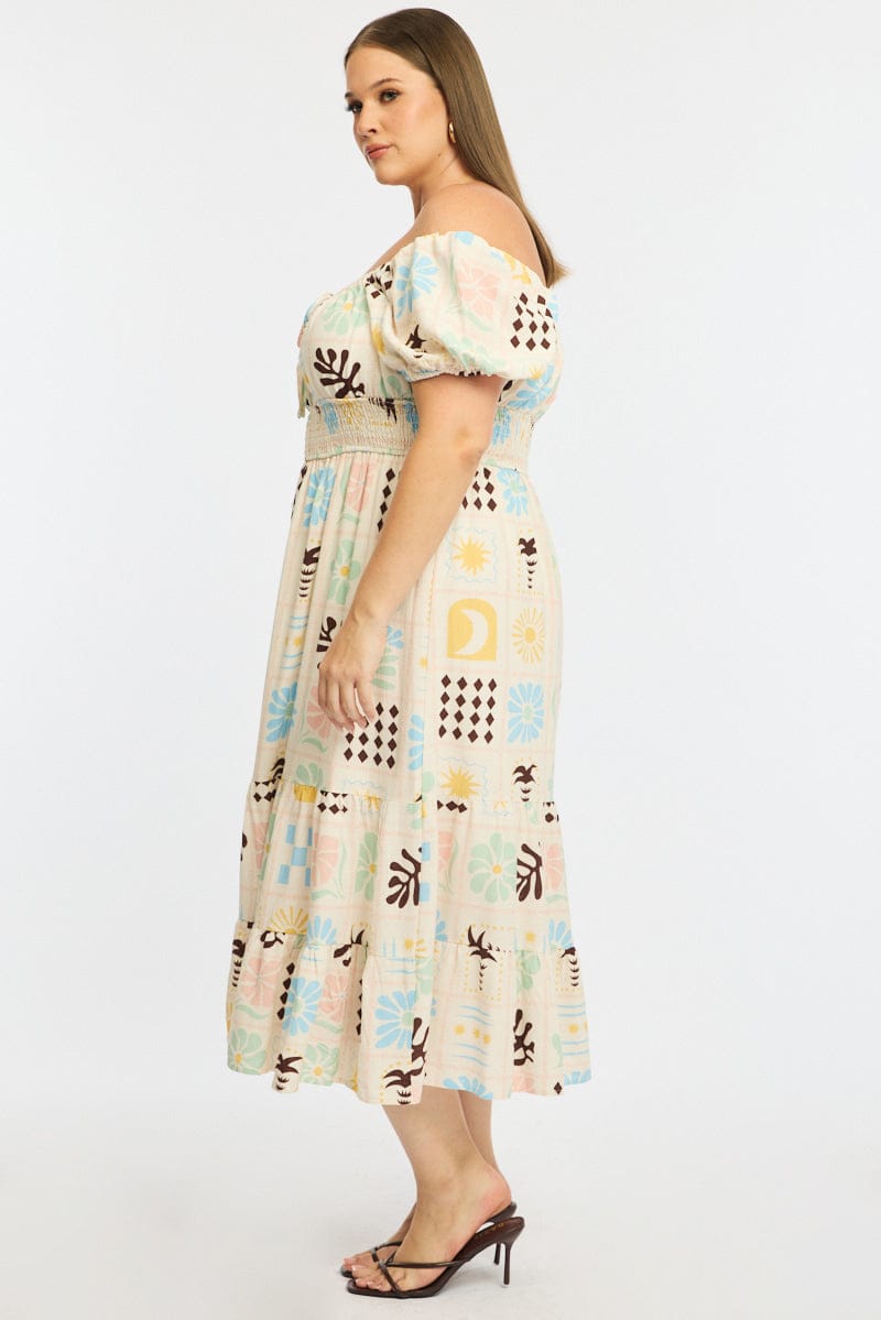 Multi Abstract Midi Dress Short Sleeve Linen Blend for YouandAll Fashion
