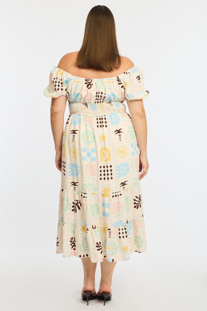 Multi Abstract Midi Dress Short Sleeve Linen Blend for YouandAll Fashion