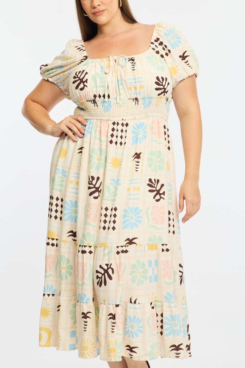 Multi Abstract Midi Dress Short Sleeve Linen Blend for YouandAll Fashion