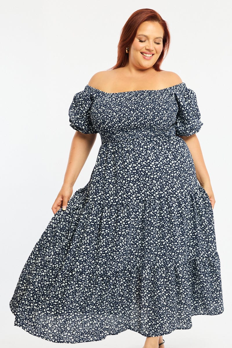 Blue Ditsy Midi Dress Short Sleeve Shirred Bust for YouandAll Fashion
