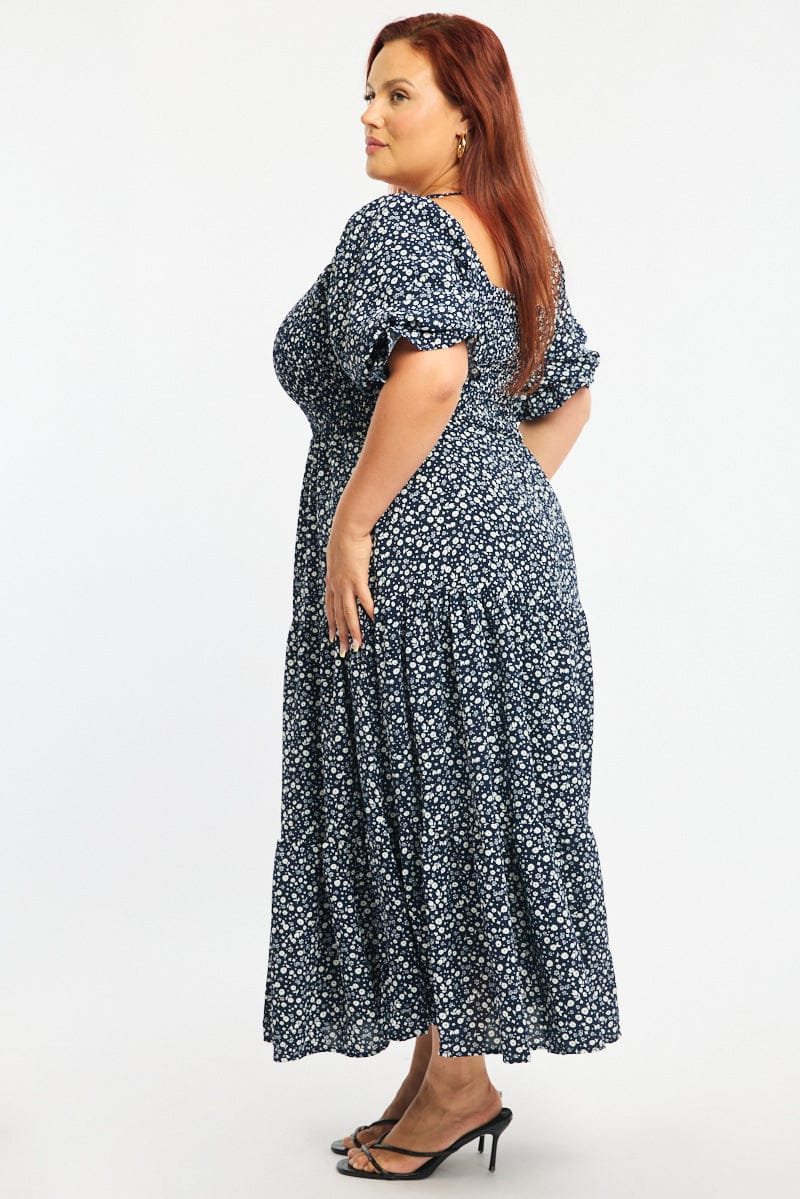 Blue Ditsy Midi Dress Short Sleeve Shirred Bust for YouandAll Fashion