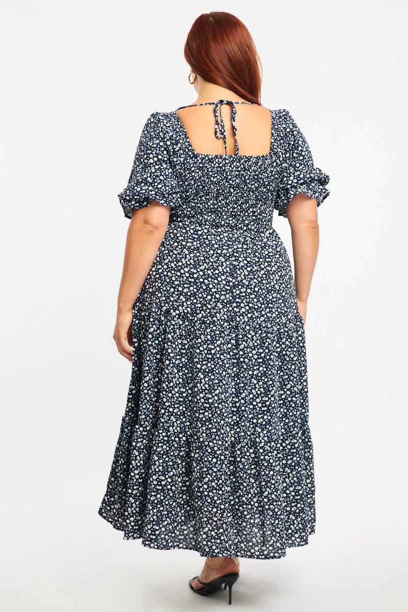 Blue Ditsy Midi Dress Short Sleeve Shirred Bust for YouandAll Fashion