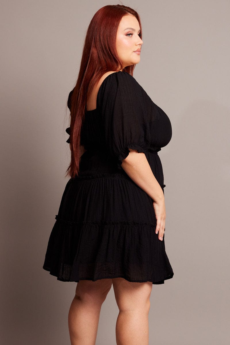 Black Mini Dress With Elastic Waist And Frill Skirt for YouandAll Fashion