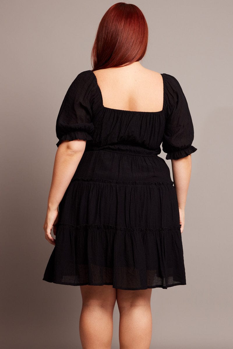 Black Mini Dress With Elastic Waist And Frill Skirt You All