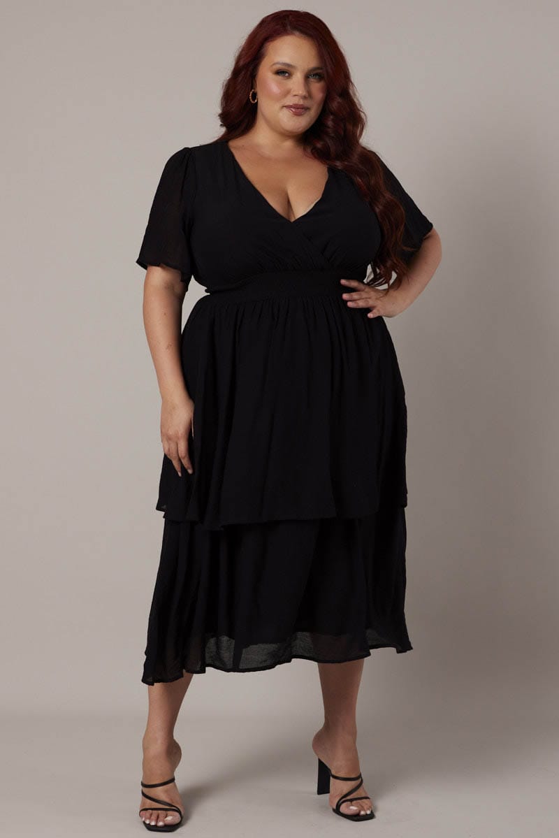 Black Midi Dress Crossover Bust Flare Sleeve for YouandAll Fashion