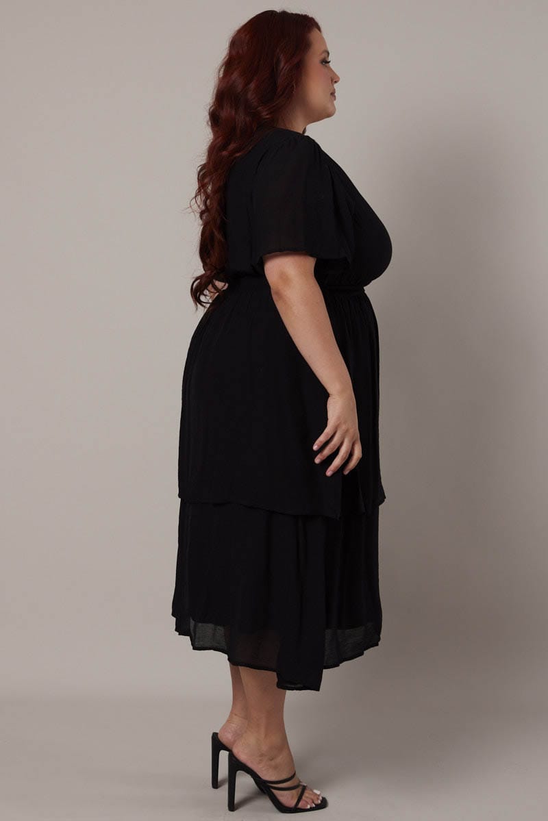 Black Midi Dress Crossover Bust Flare Sleeve for YouandAll Fashion