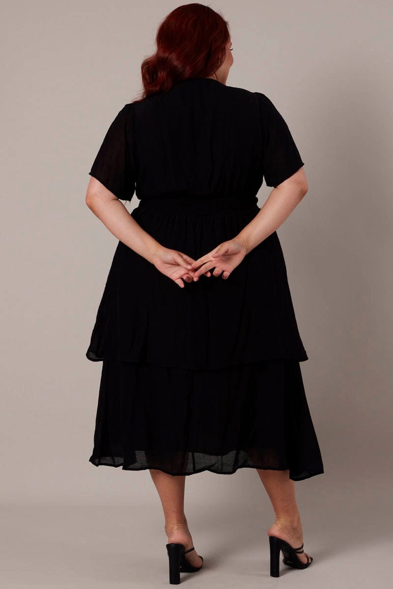 Black Midi Dress Crossover Bust Flare Sleeve for YouandAll Fashion