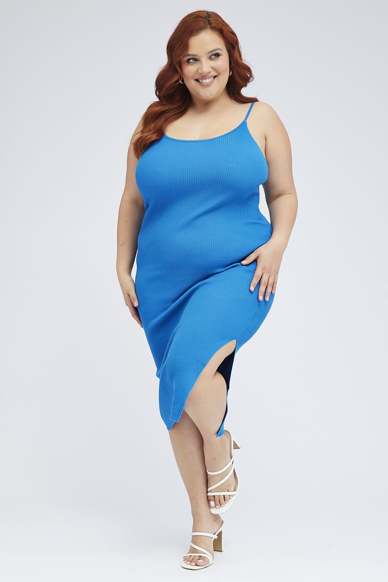 Blue Midi Knit Bodycon Dress Scoop Neck Sleeveless for YouandAll Fashion