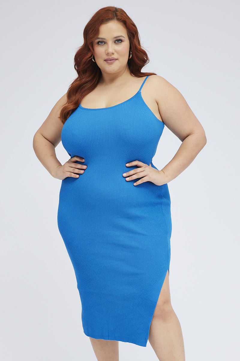 Blue Midi Knit Bodycon Dress Scoop Neck Sleeveless for YouandAll Fashion