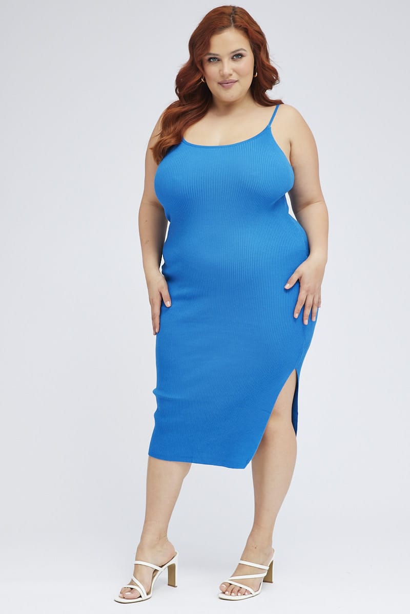Blue Midi Knit Bodycon Dress Scoop Neck Sleeveless for YouandAll Fashion