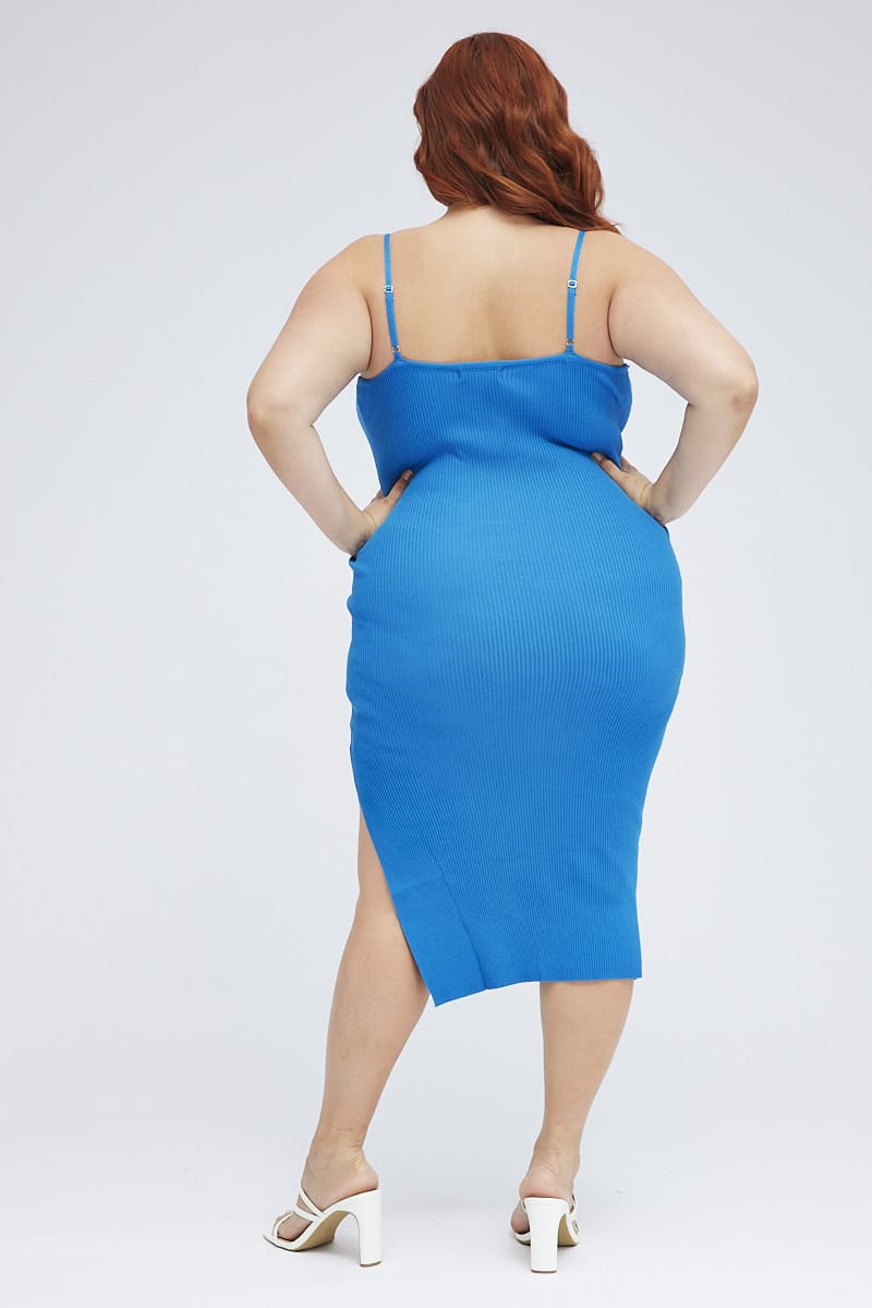 Blue Midi Knit Bodycon Dress Scoop Neck Sleeveless for YouandAll Fashion