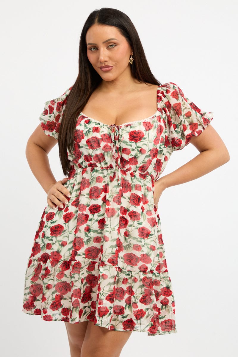 Red Floral Lace Trim Sweetheart Frill Minidress for YouandAll Fashion
