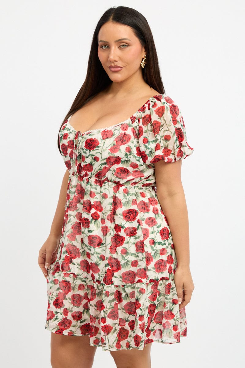 Red Floral Lace Trim Sweetheart Frill Minidress for YouandAll Fashion