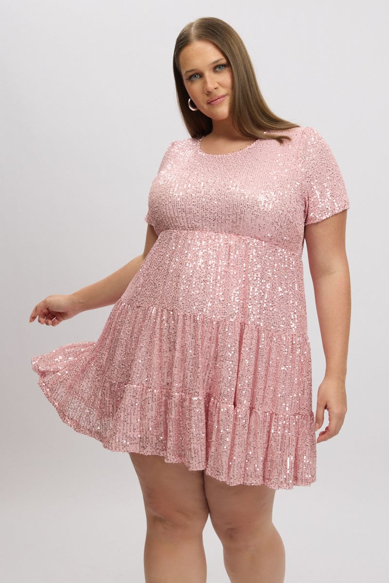 Pink Sequin Tiered Swing Dress for YouandAll Fashion