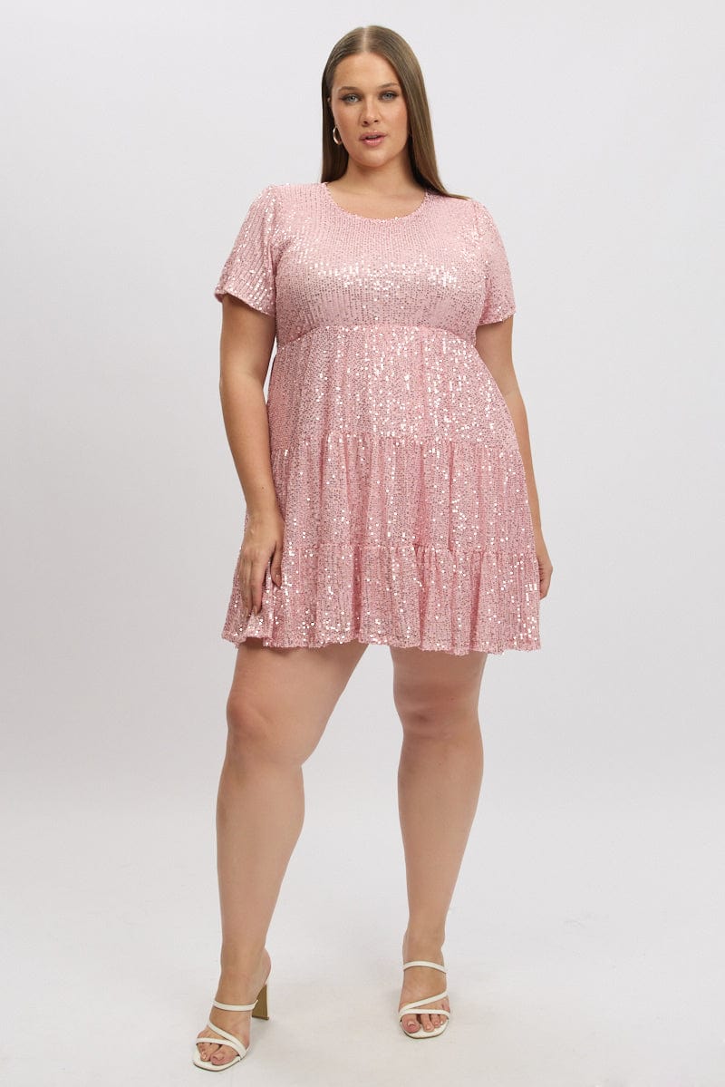 Pink Sequin Tiered Swing Dress for YouandAll Fashion