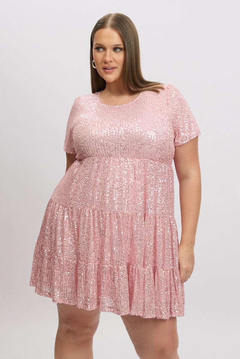 Pink Sequin Tiered Swing Dress for YouandAll Fashion