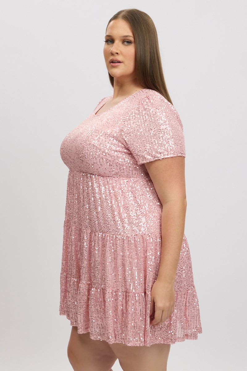 Pink Sequin Tiered Swing Dress for YouandAll Fashion