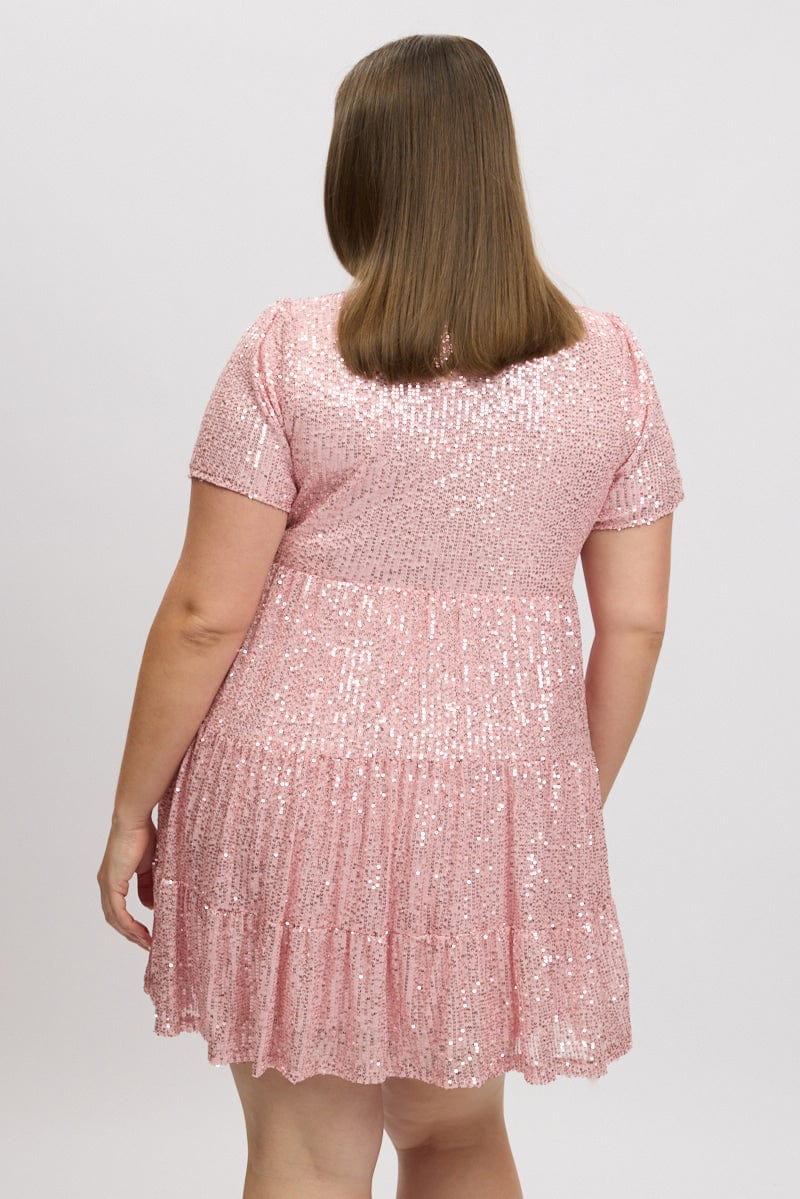 Pink Sequin Tiered Swing Dress for YouandAll Fashion