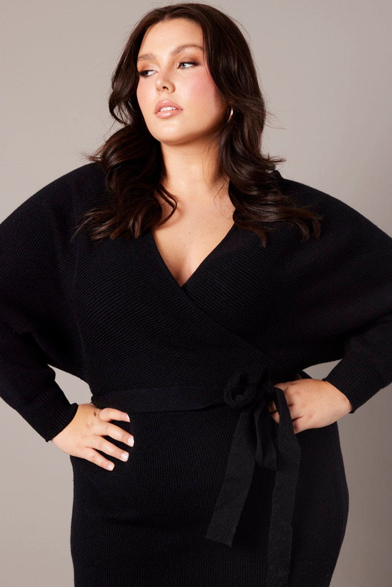 black sweater dress plus size New PLUS SIZE Womens BLACK SWEATER MELANGE KNIT TIE BODYCON DRESS 1X 2X 3X
