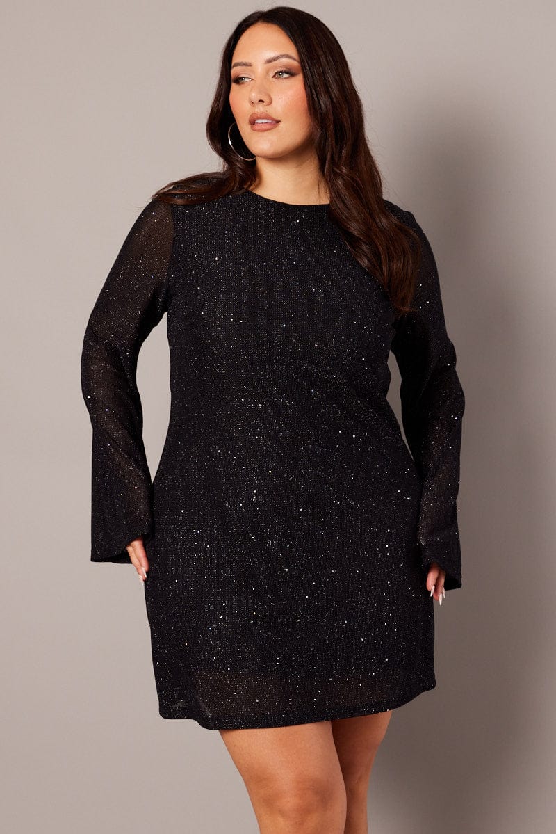 Black Sparkle Flare Sleeve Cowl Low Back Minidress for YouandAll Fashion