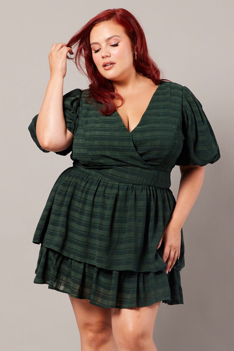 Green Textured Puff Sleeve Frill Dress for YouandAll Fashion