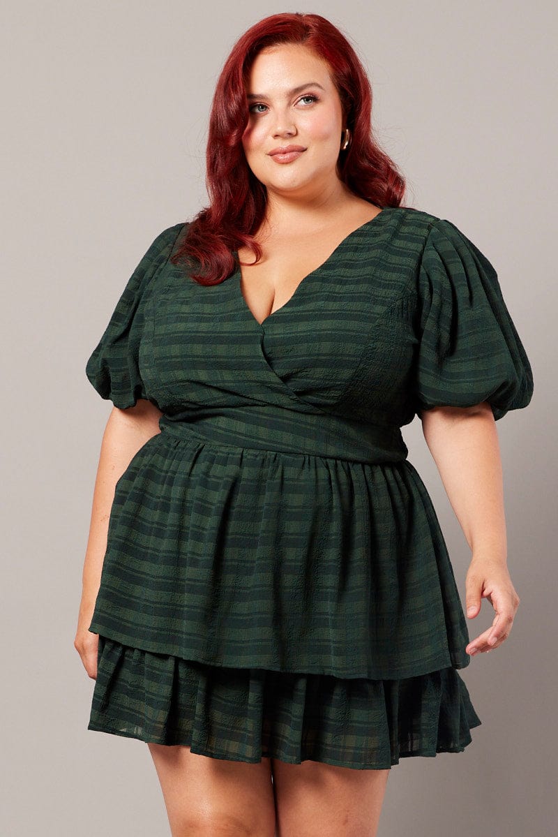 Green Textured Puff Sleeve Frill Dress for YouandAll Fashion