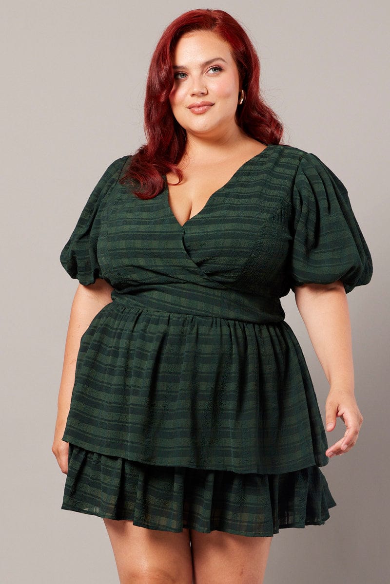 Green Textured Puff Sleeve Frill Dress | You & All Green Textured Puff Sleeve Frill Dress | You & All