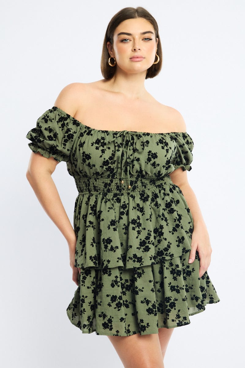 Green Ditsy Skater Dress Short Sleeve Shirred Waist for YouandAll Fashion