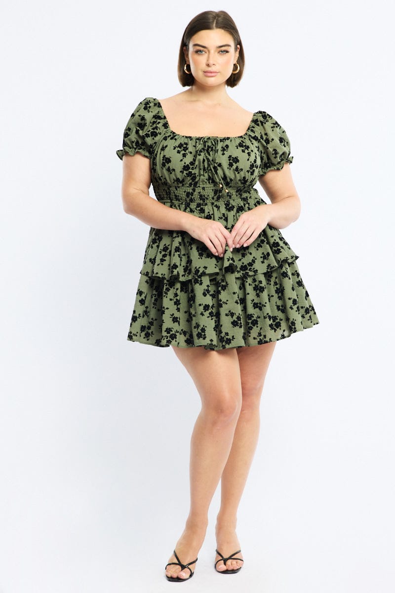 Green Ditsy Skater Dress Short Sleeve Shirred Waist for YouandAll Fashion