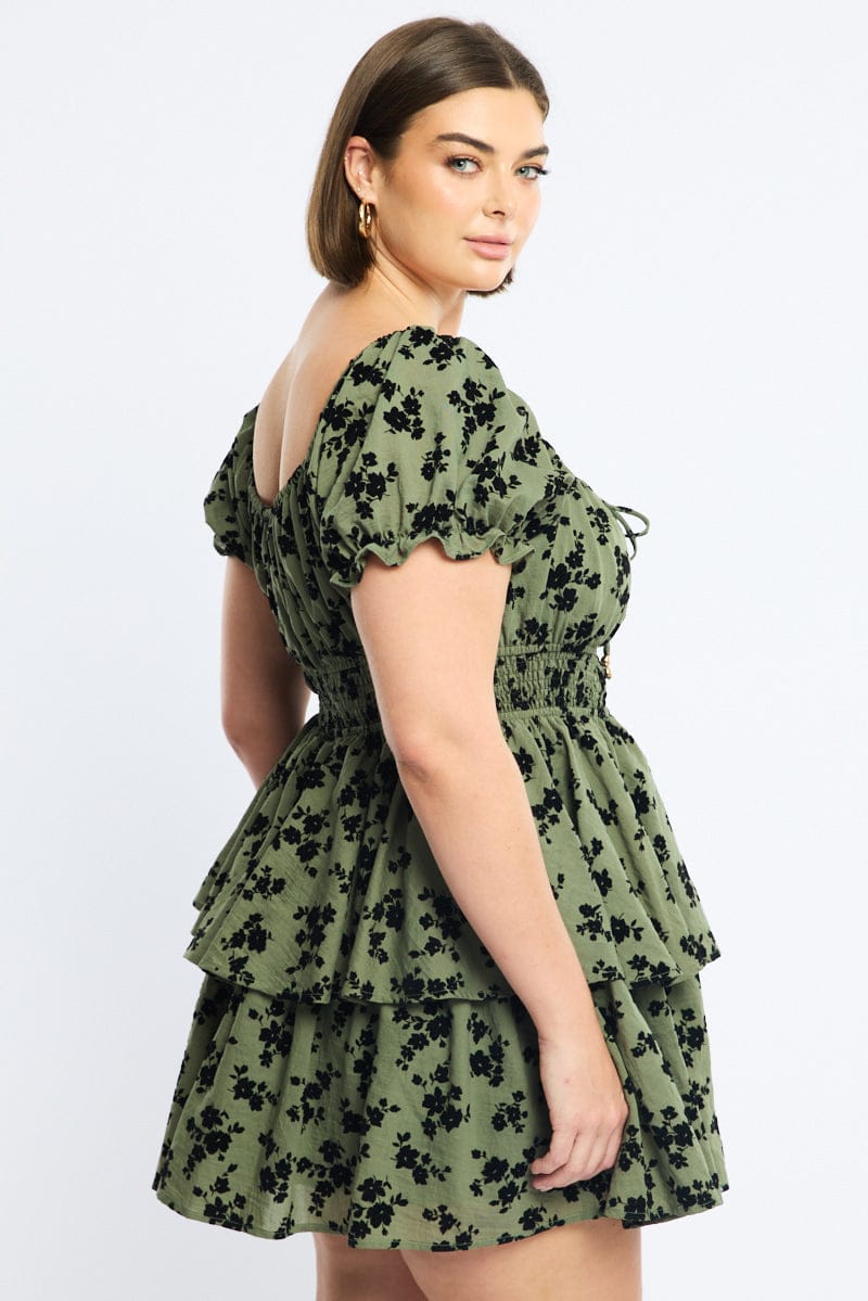 Green Ditsy Skater Dress Short Sleeve Shirred Waist for YouandAll Fashion