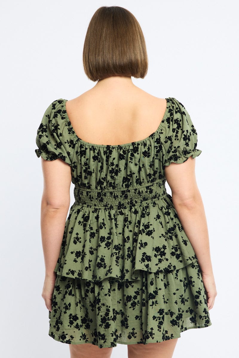 Green Ditsy Skater Dress Short Sleeve Shirred Waist for YouandAll Fashion