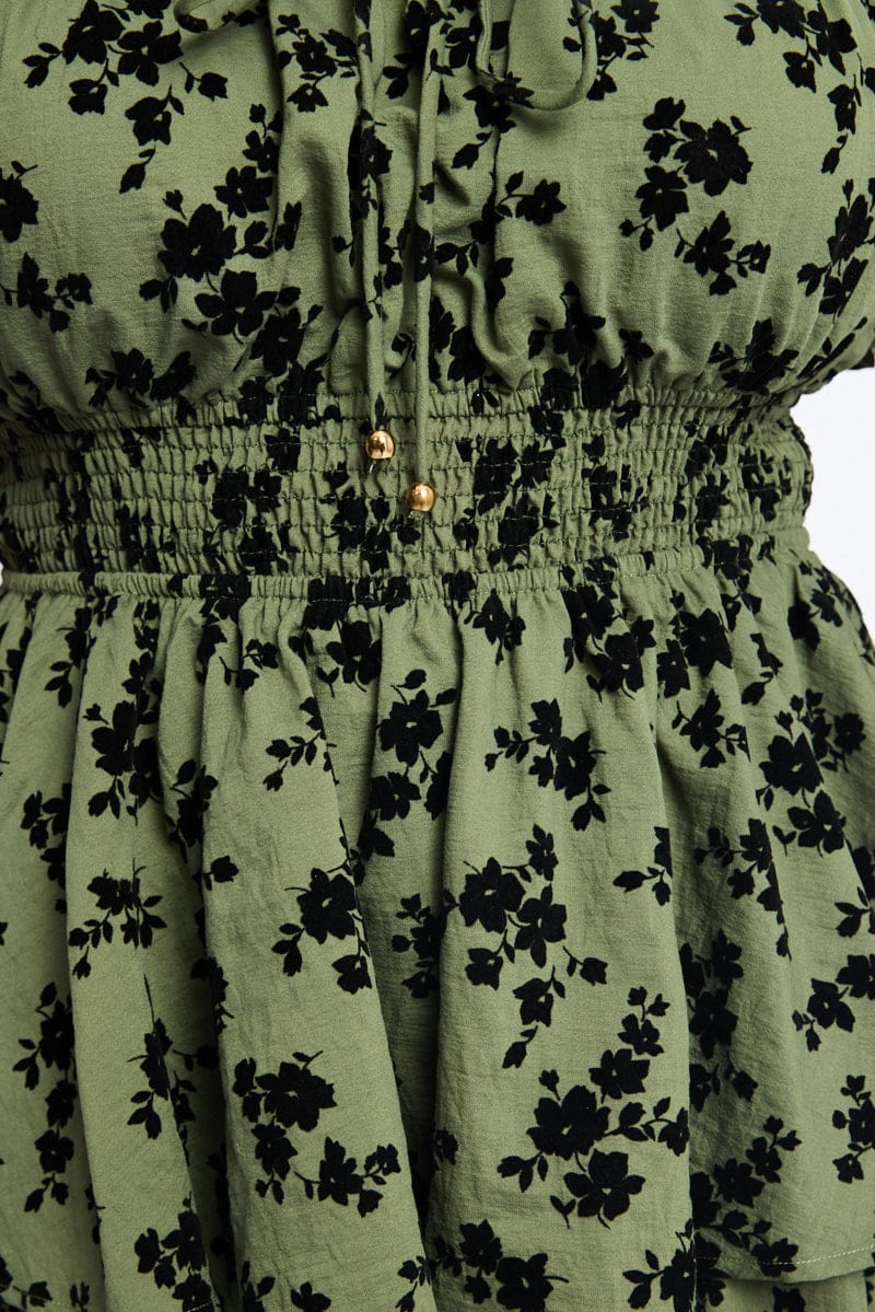 Green Ditsy Skater Dress Short Sleeve Shirred Waist for YouandAll Fashion