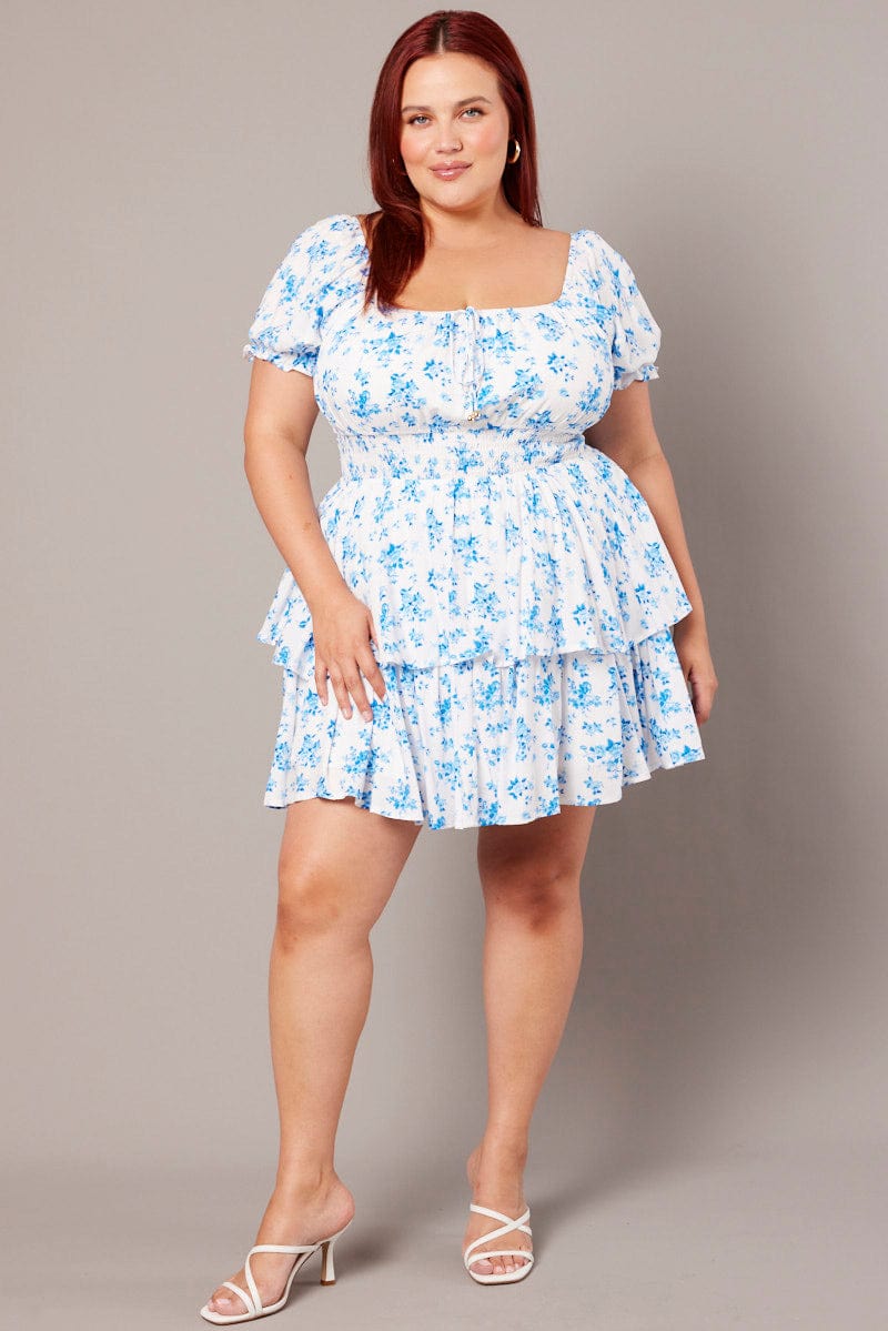 Blue Floral Shirred Waist Tiered Minidress for YouandAll Fashion