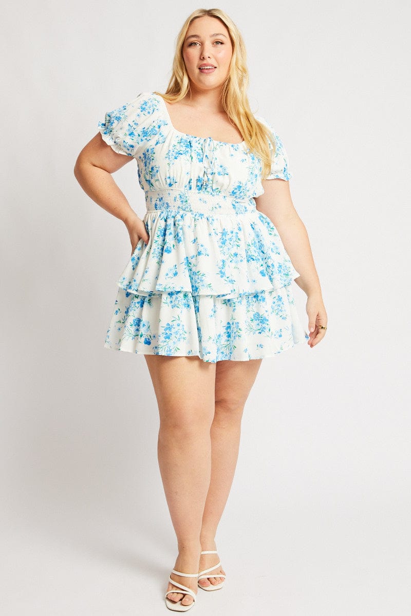 Blue Floral Shirred Waist Detail Layer Minidress for YouandAll Fashion