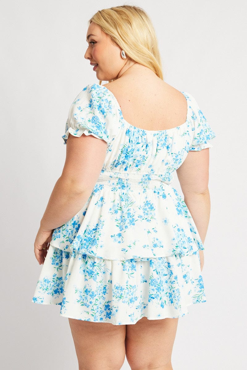 Blue Floral Shirred Waist Detail Layer Minidress for YouandAll Fashion