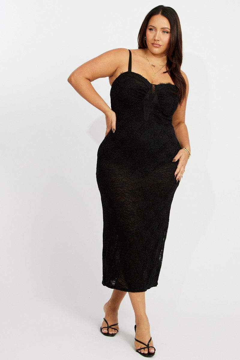 Black Stretch Lace Shoestring Bodycon Maxi Dress | You & All Black Stretch Lace Shoestring Bodycon Maxi Dress | You & All